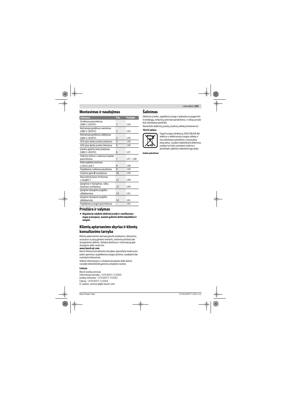 Montavimas ir naudojimas priežiūra ir valymas, Šalinimas | Bosch GBH 2-28 DFV Professional User Manual | Page 123 / 142