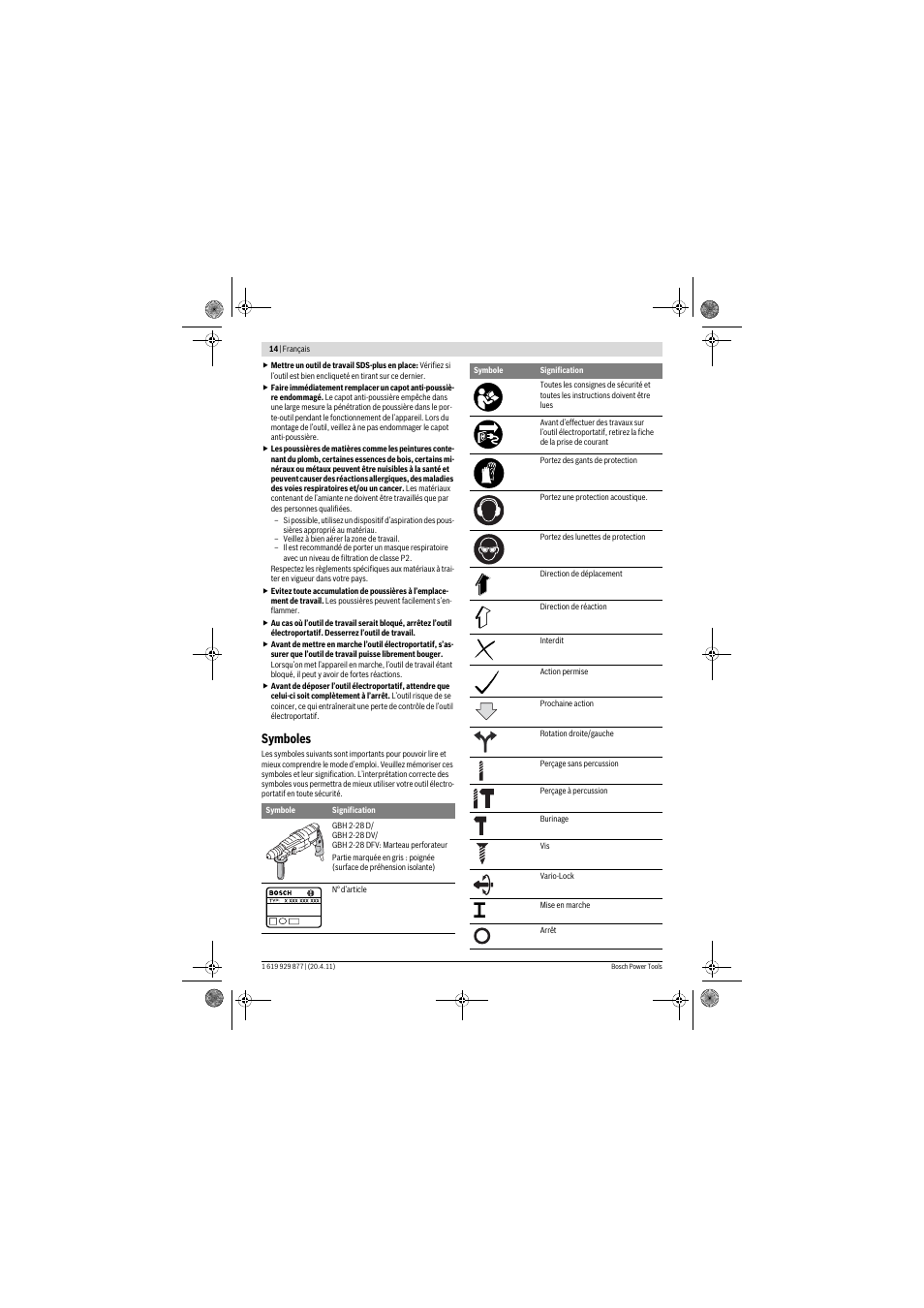 Symboles | Bosch GBH 2-28 DFV Professional User Manual | Page 14 / 142