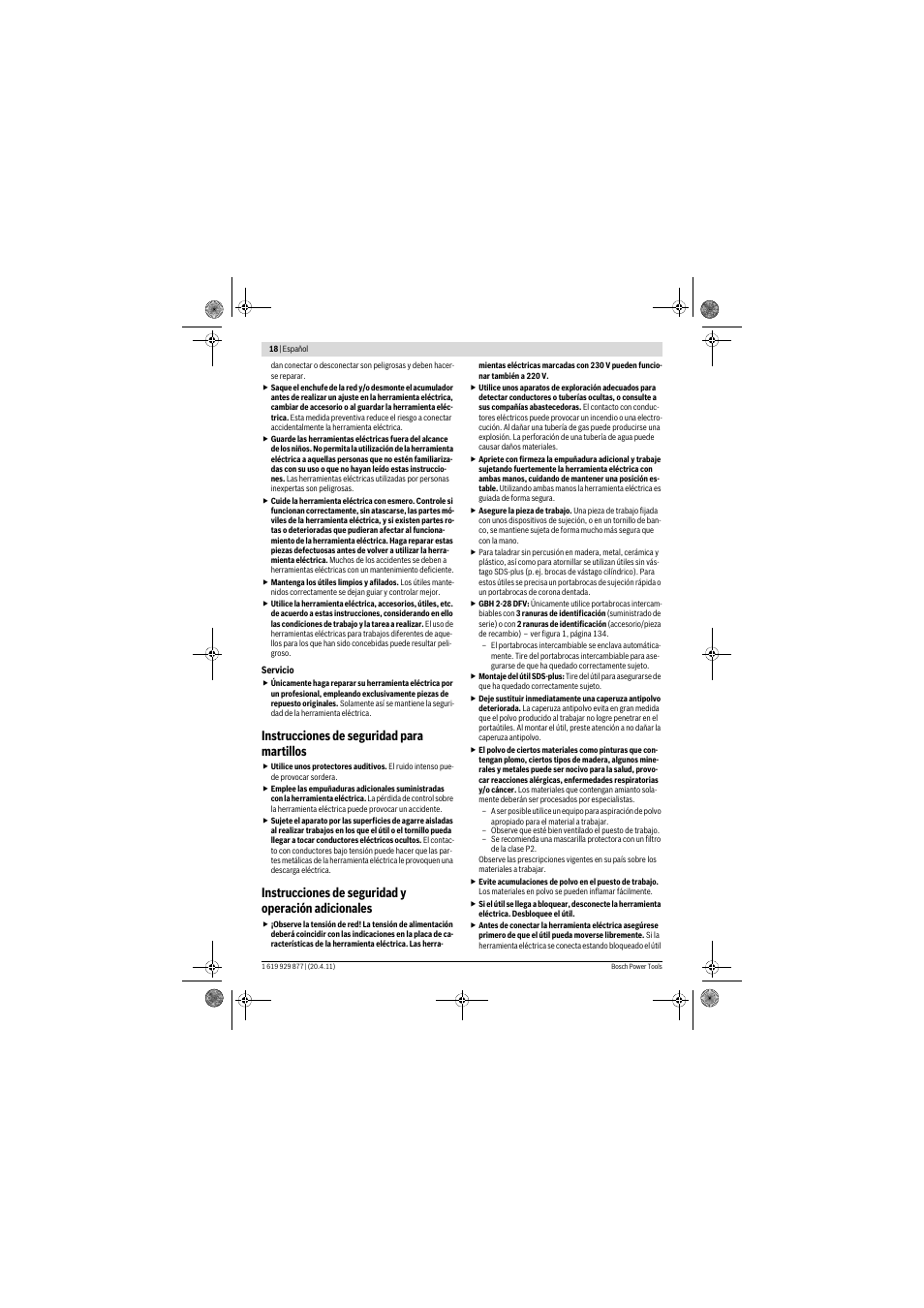 Instrucciones de seguridad para martillos, Instrucciones de seguridad y operación adicionales | Bosch GBH 2-28 DFV Professional User Manual | Page 18 / 142