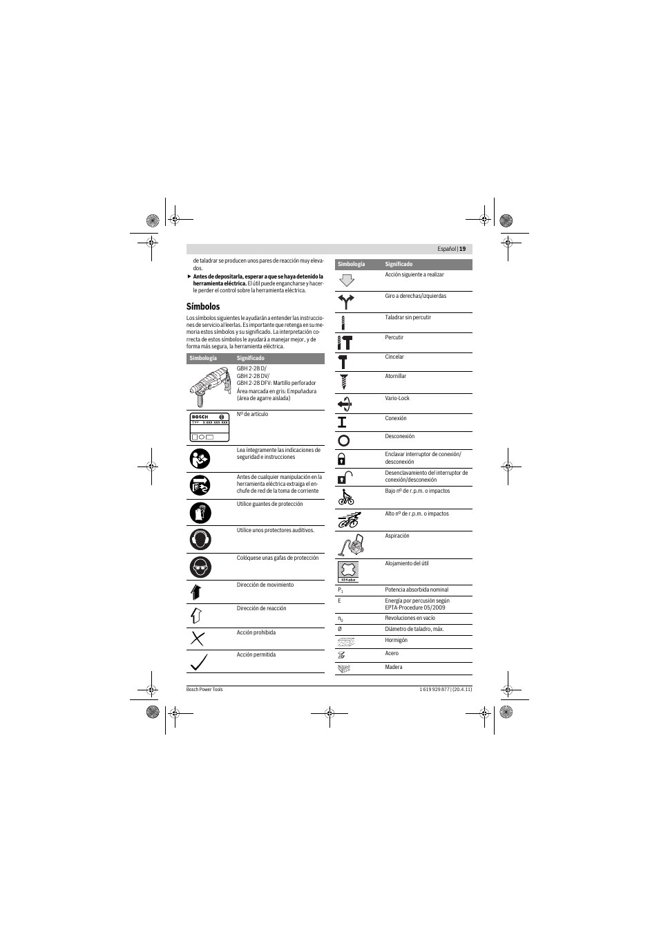 Símbolos | Bosch GBH 2-28 DFV Professional User Manual | Page 19 / 142