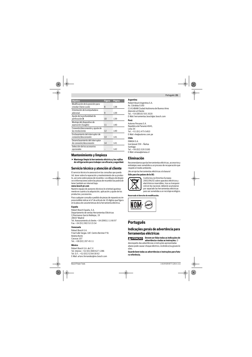 Português, Mantenimiento y limpieza, Servicio técnico y atención al cliente | Eliminación | Bosch GBH 2-28 DFV Professional User Manual | Page 21 / 142