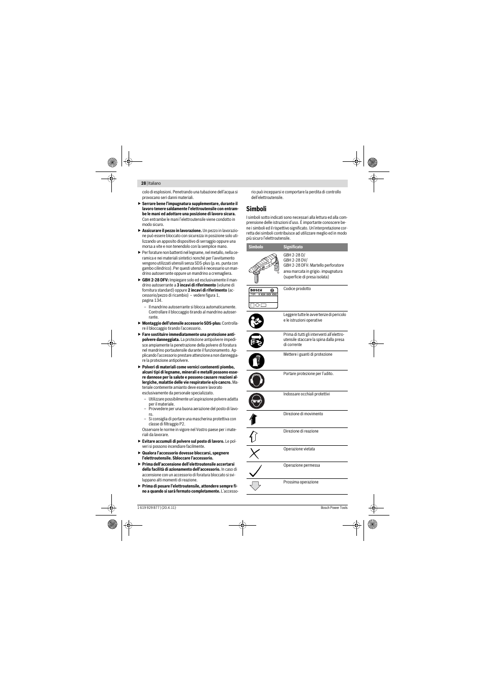 Simboli | Bosch GBH 2-28 DFV Professional User Manual | Page 28 / 142