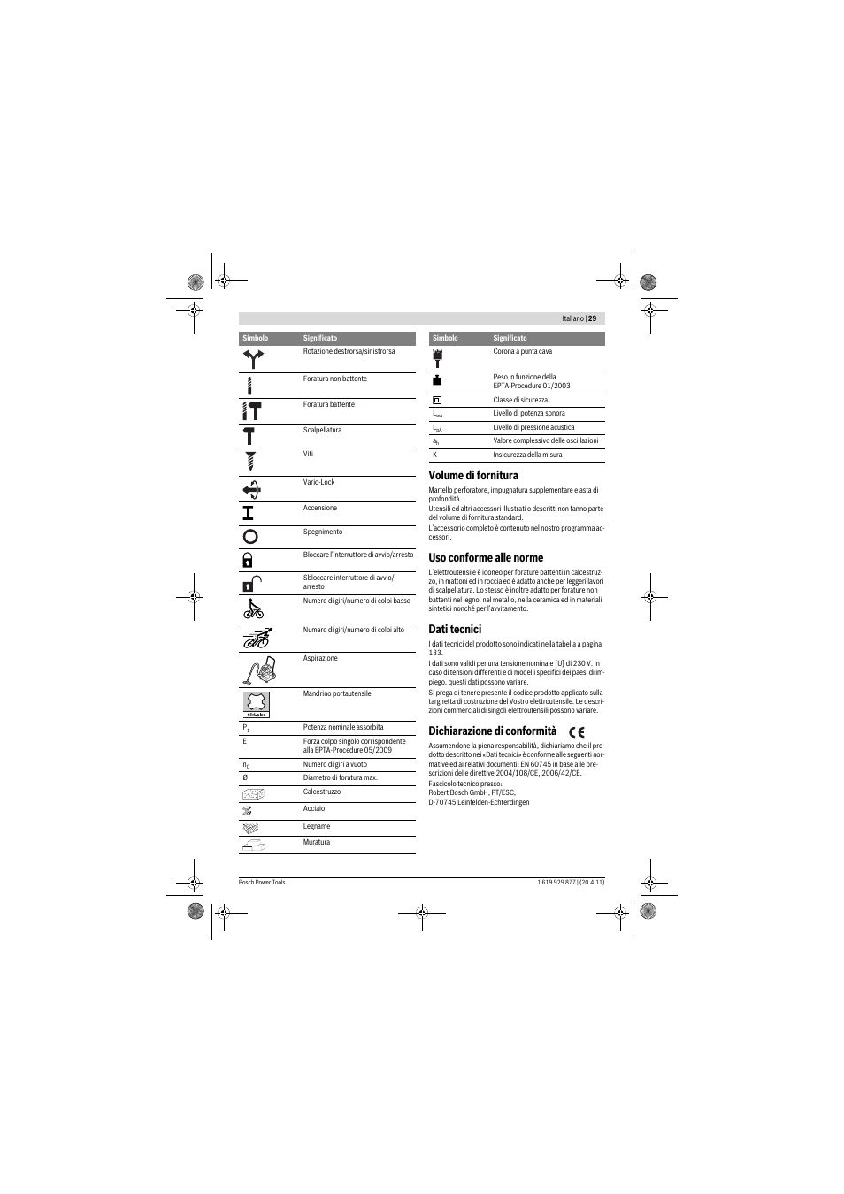 Volume di fornitura, Uso conforme alle norme, Dati tecnici | Dichiarazione di conformità | Bosch GBH 2-28 DFV Professional User Manual | Page 29 / 142