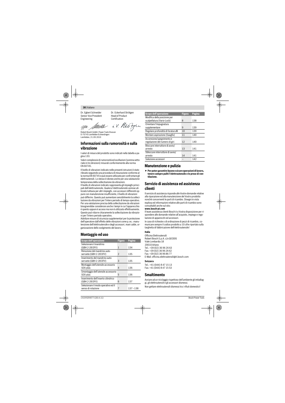 Informazioni sulla rumorosità e sulla vibrazione, Montaggio ed uso manutenzione e pulizia, Servizio di assistenza ed assistenza clienti | Smaltimento | Bosch GBH 2-28 DFV Professional User Manual | Page 30 / 142