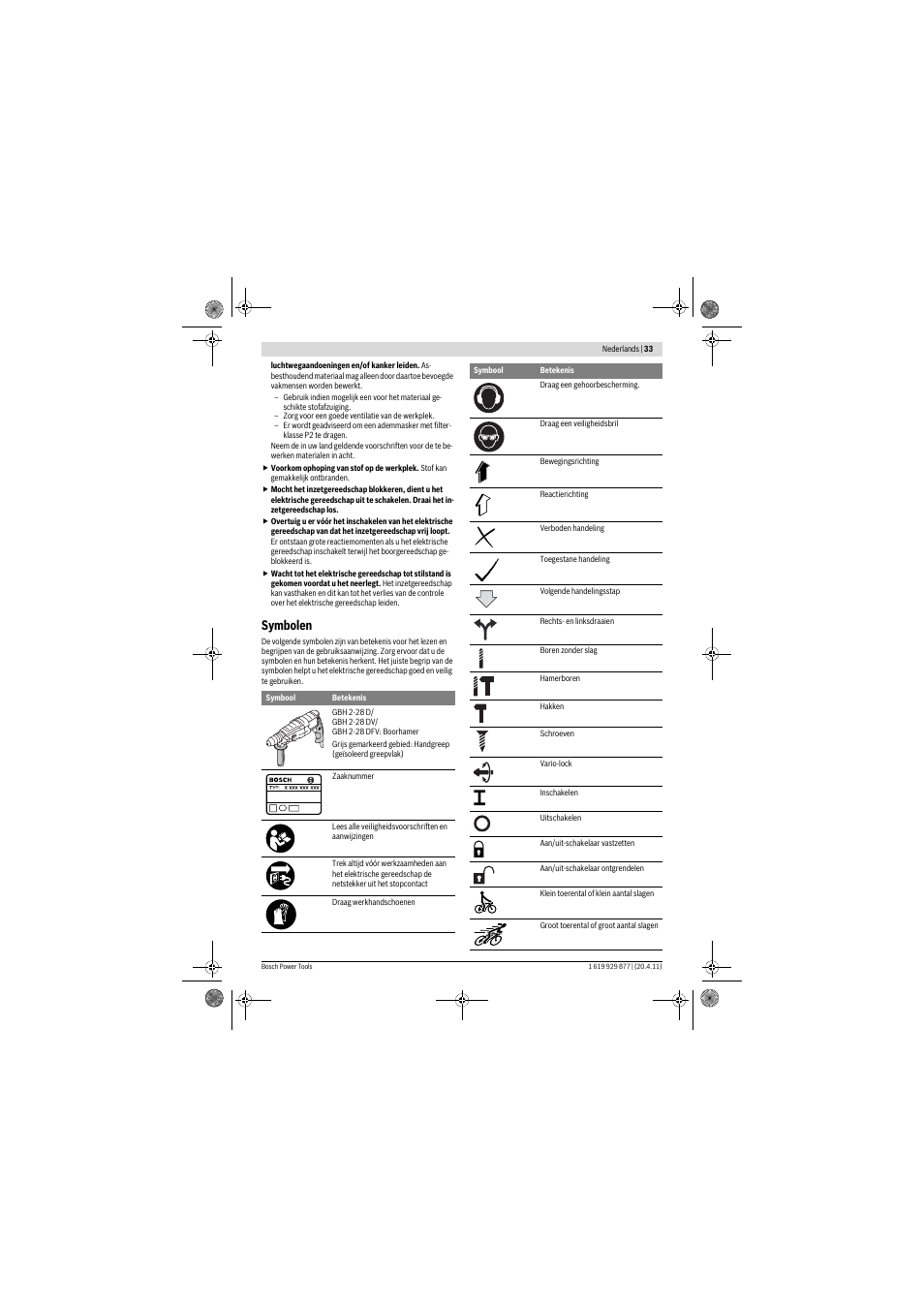 Symbolen | Bosch GBH 2-28 DFV Professional User Manual | Page 33 / 142