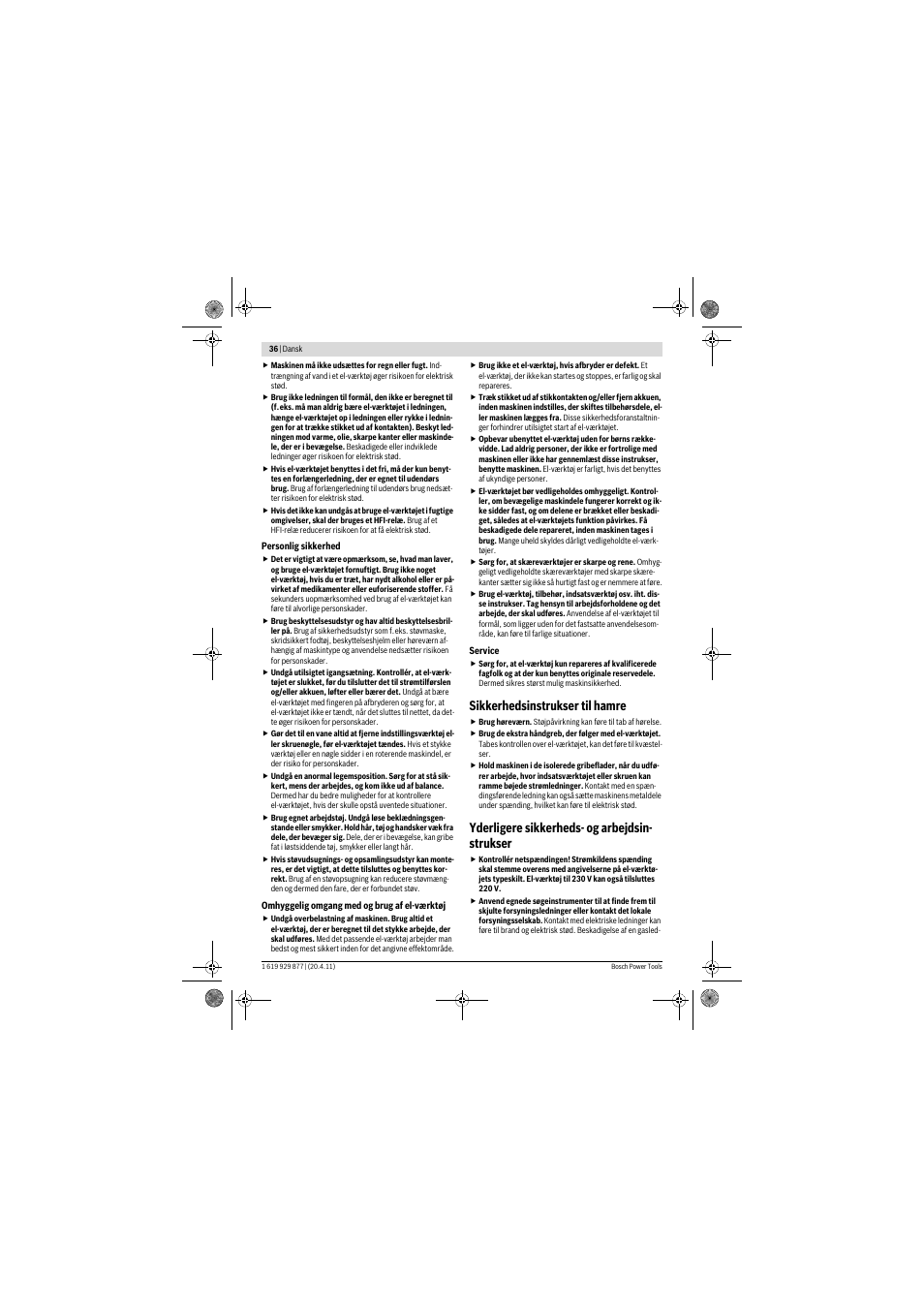 Sikkerhedsinstrukser til hamre, Yderligere sikkerheds- og arbejdsin- strukser | Bosch GBH 2-28 DFV Professional User Manual | Page 36 / 142