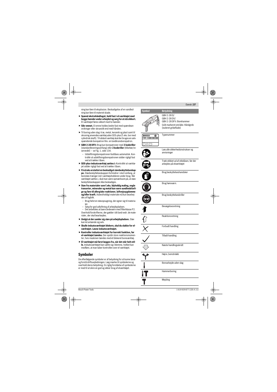 Symboler | Bosch GBH 2-28 DFV Professional User Manual | Page 37 / 142