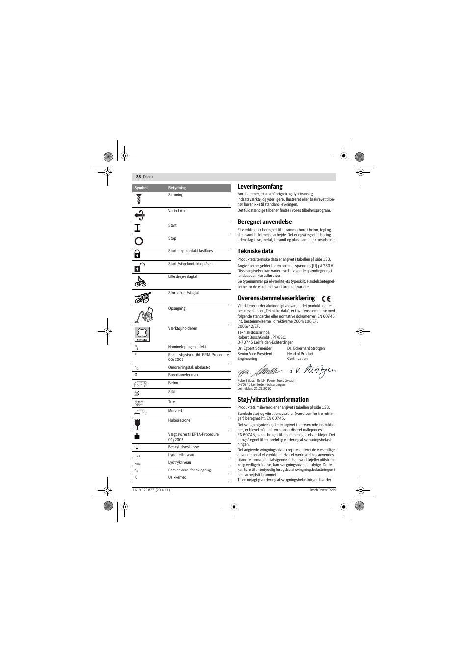 Leveringsomfang, Beregnet anvendelse, Tekniske data | Overensstemmelseserklæring, Støj-/vibrationsinformation | Bosch GBH 2-28 DFV Professional User Manual | Page 38 / 142