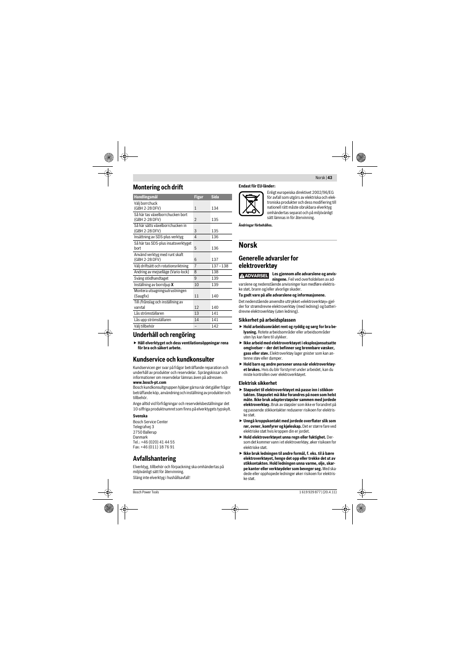 Norsk, Montering och drift underhåll och rengöring, Kundservice och kundkonsulter | Avfallshantering, Generelle advarsler for elektroverktøy | Bosch GBH 2-28 DFV Professional User Manual | Page 43 / 142