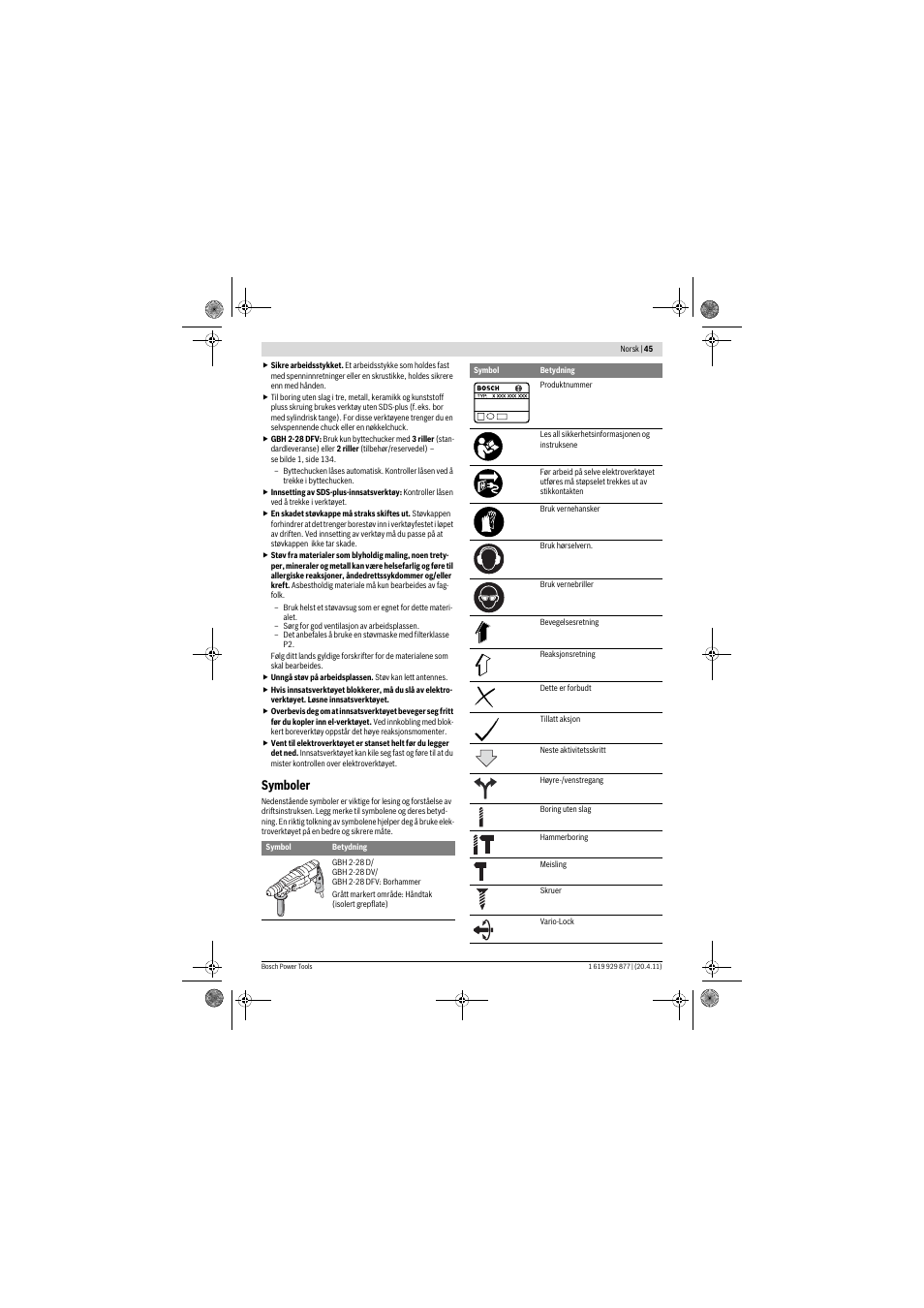 Symboler | Bosch GBH 2-28 DFV Professional User Manual | Page 45 / 142