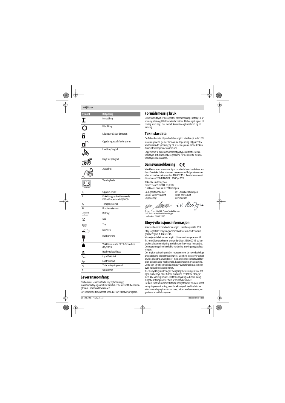 Leveranseomfang, Formålsmessig bruk, Tekniske data | Samsvarserklæring, Støy-/vibrasjonsinformasjon | Bosch GBH 2-28 DFV Professional User Manual | Page 46 / 142
