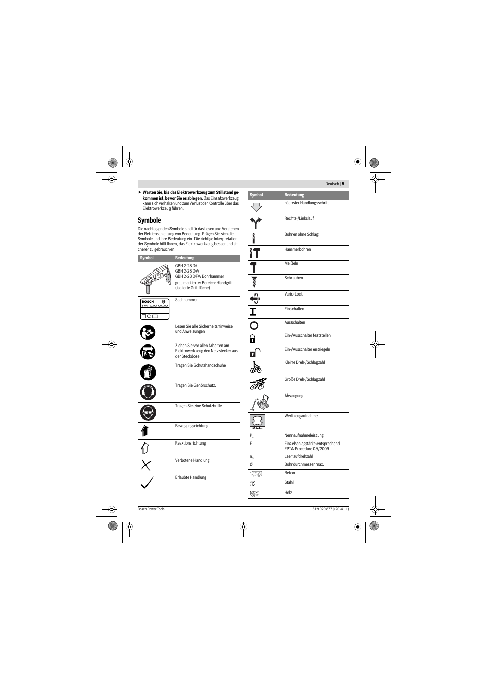 Symbole | Bosch GBH 2-28 DFV Professional User Manual | Page 5 / 142