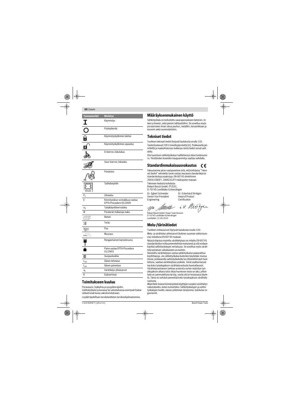 Toimitukseen kuuluu, Määräyksenmukainen käyttö, Tekniset tiedot | Standardinmukaisuusvakuutus, Melu-/tärinätiedot | Bosch GBH 2-28 DFV Professional User Manual | Page 50 / 142