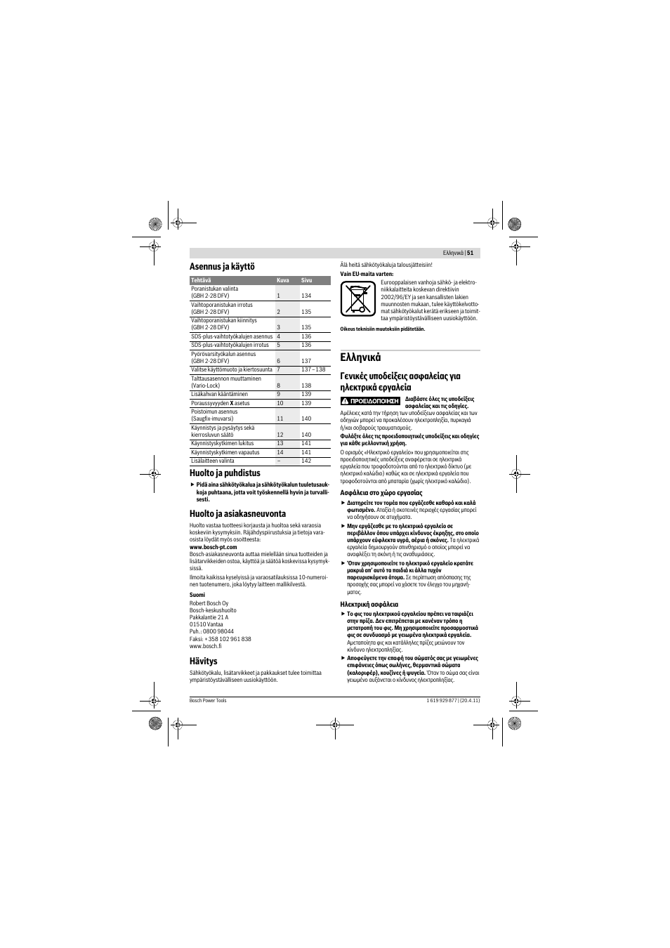 Еллзнйкь, Asennus ja käyttö huolto ja puhdistus, Huolto ja asiakasneuvonta | Hävitys | Bosch GBH 2-28 DFV Professional User Manual | Page 51 / 142