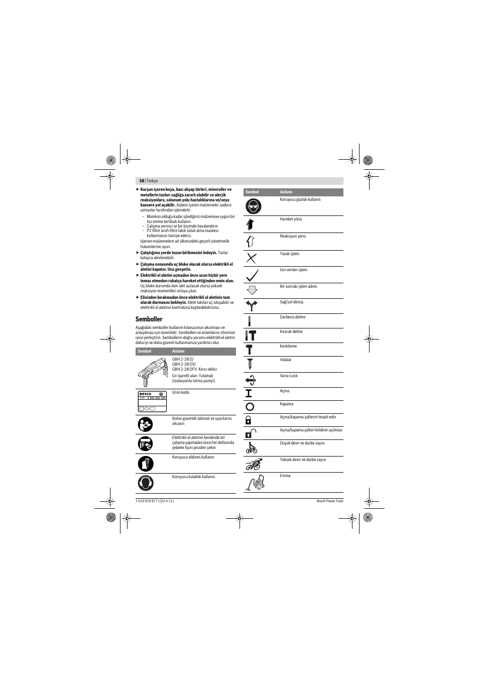 Semboller | Bosch GBH 2-28 DFV Professional User Manual | Page 58 / 142