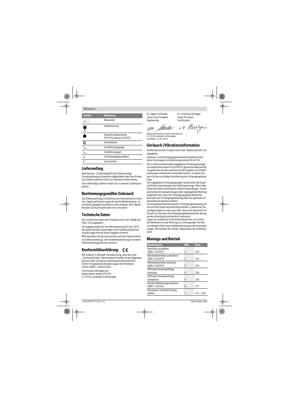 Lieferumfang, Bestimmungsgemäßer gebrauch, Technische daten | Konformitätserklärung, Geräusch-/vibrationsinformation, Montage und betrieb | Bosch GBH 2-28 DFV Professional User Manual | Page 6 / 142