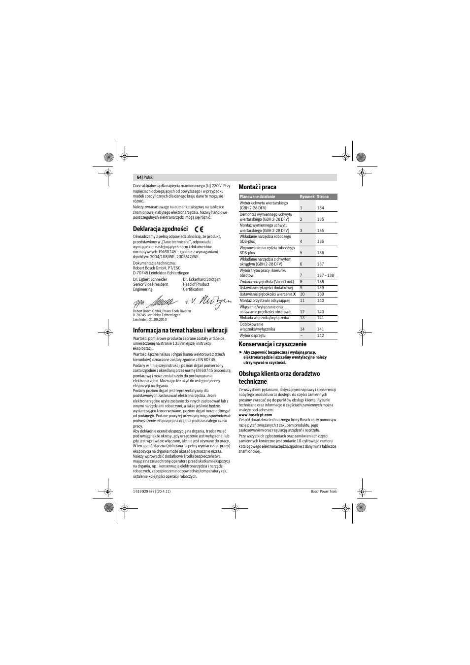 Deklaracja zgodności, Informacja na temat hałasu i wibracji, Montaż i praca konserwacja i czyszczenie | Obsługa klienta oraz doradztwo techniczne | Bosch GBH 2-28 DFV Professional User Manual | Page 64 / 142