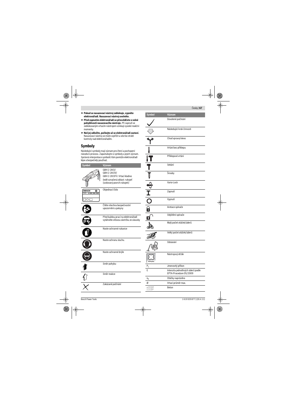 Symboly | Bosch GBH 2-28 DFV Professional User Manual | Page 67 / 142