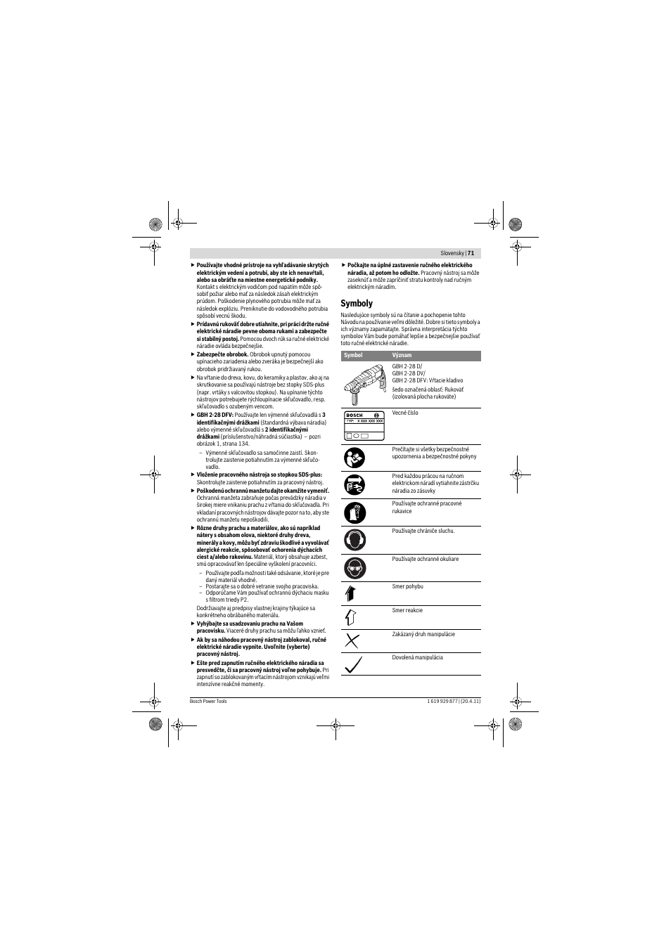 Symboly | Bosch GBH 2-28 DFV Professional User Manual | Page 71 / 142