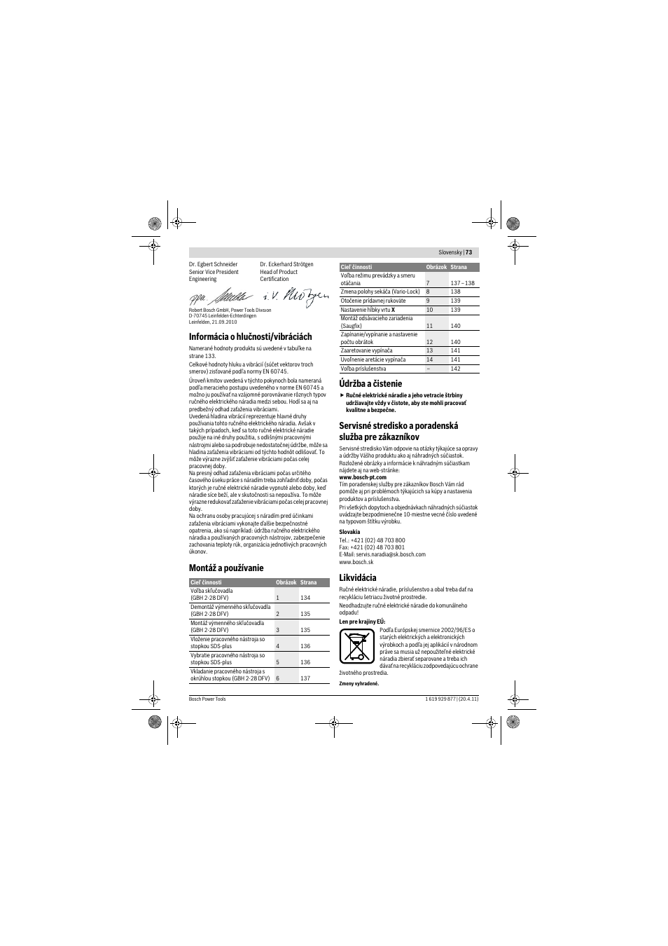 Informácia o hlučnosti/vibráciách, Montáž a používanie údržba a čistenie, Likvidácia | Bosch GBH 2-28 DFV Professional User Manual | Page 73 / 142