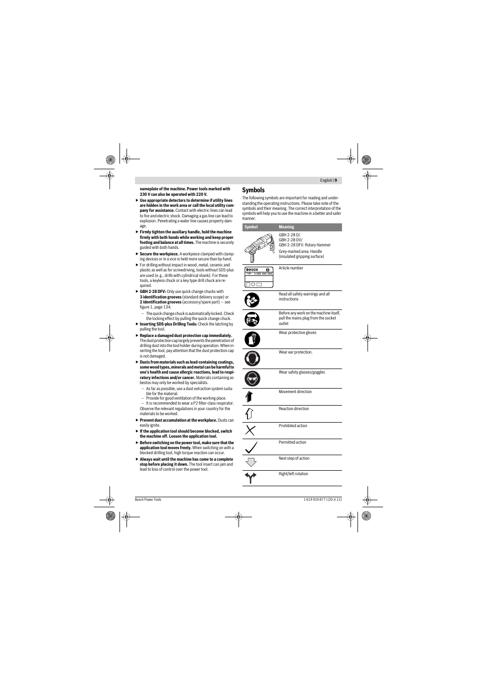 Symbols | Bosch GBH 2-28 DFV Professional User Manual | Page 9 / 142