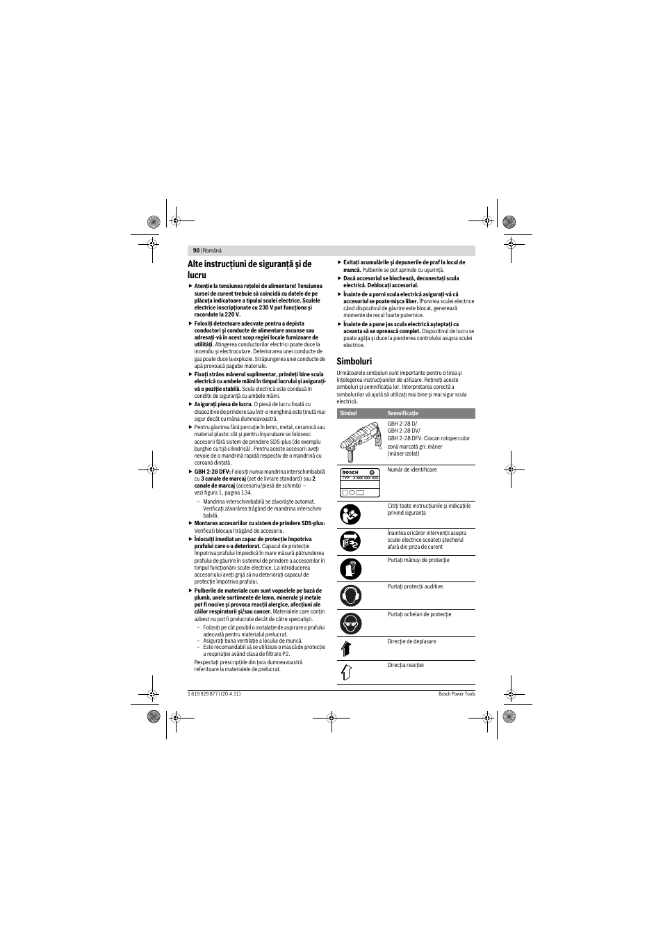 Alte instrucţiuni de siguranţă şi de lucru, Simboluri | Bosch GBH 2-28 DFV Professional User Manual | Page 90 / 142
