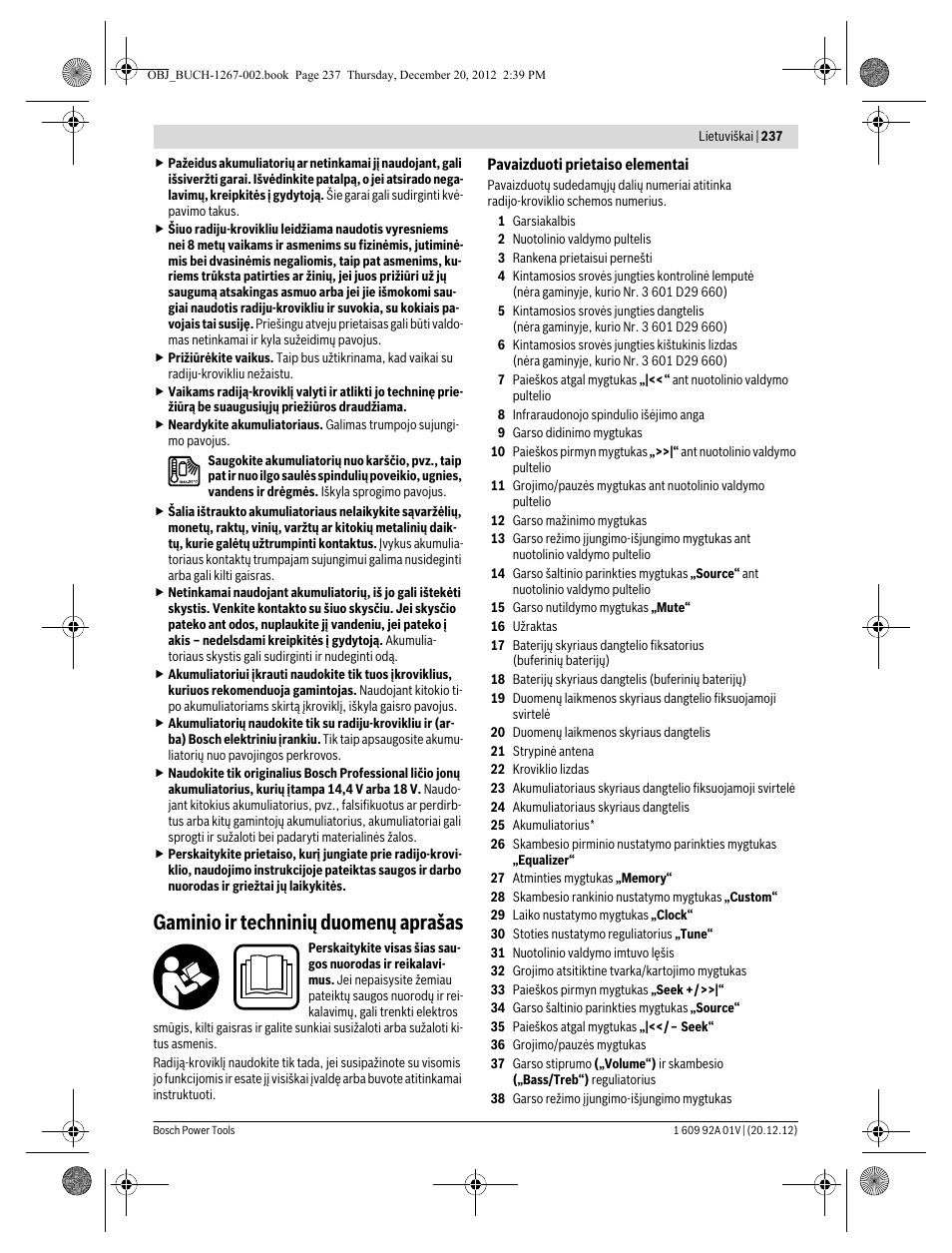 Gaminio ir techninių duomenų aprašas | Bosch GML 50 Professional User Manual | Page 237 / 262