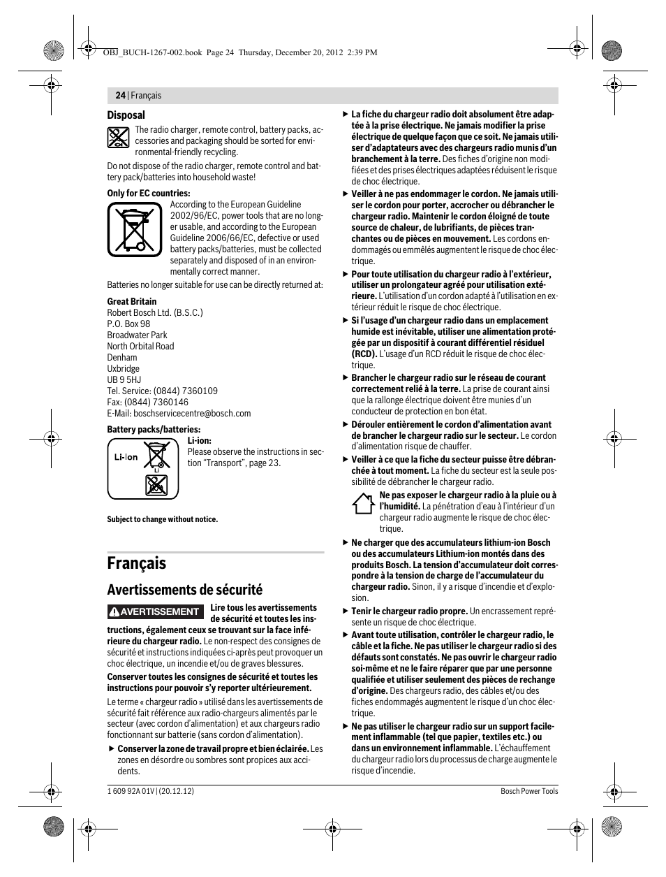 Français, Avertissements de sécurité | Bosch GML 50 Professional User Manual | Page 24 / 262