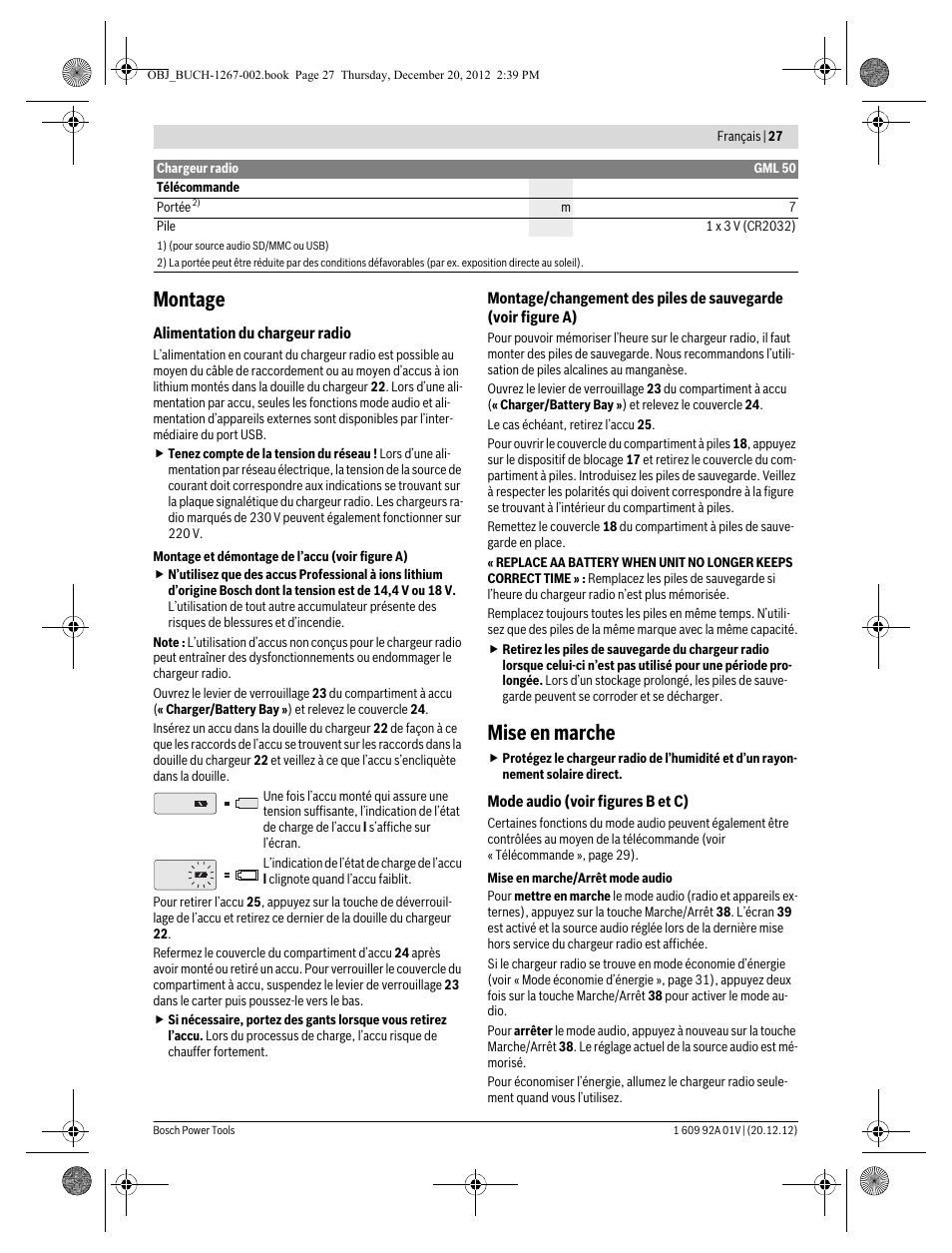 Montage, Mise en marche | Bosch GML 50 Professional User Manual | Page 27 / 262