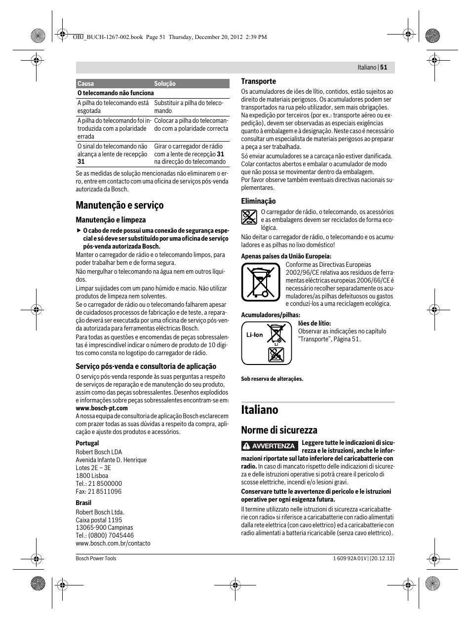 Italiano, Manutenção e serviço, Norme di sicurezza | Bosch GML 50 Professional User Manual | Page 51 / 262