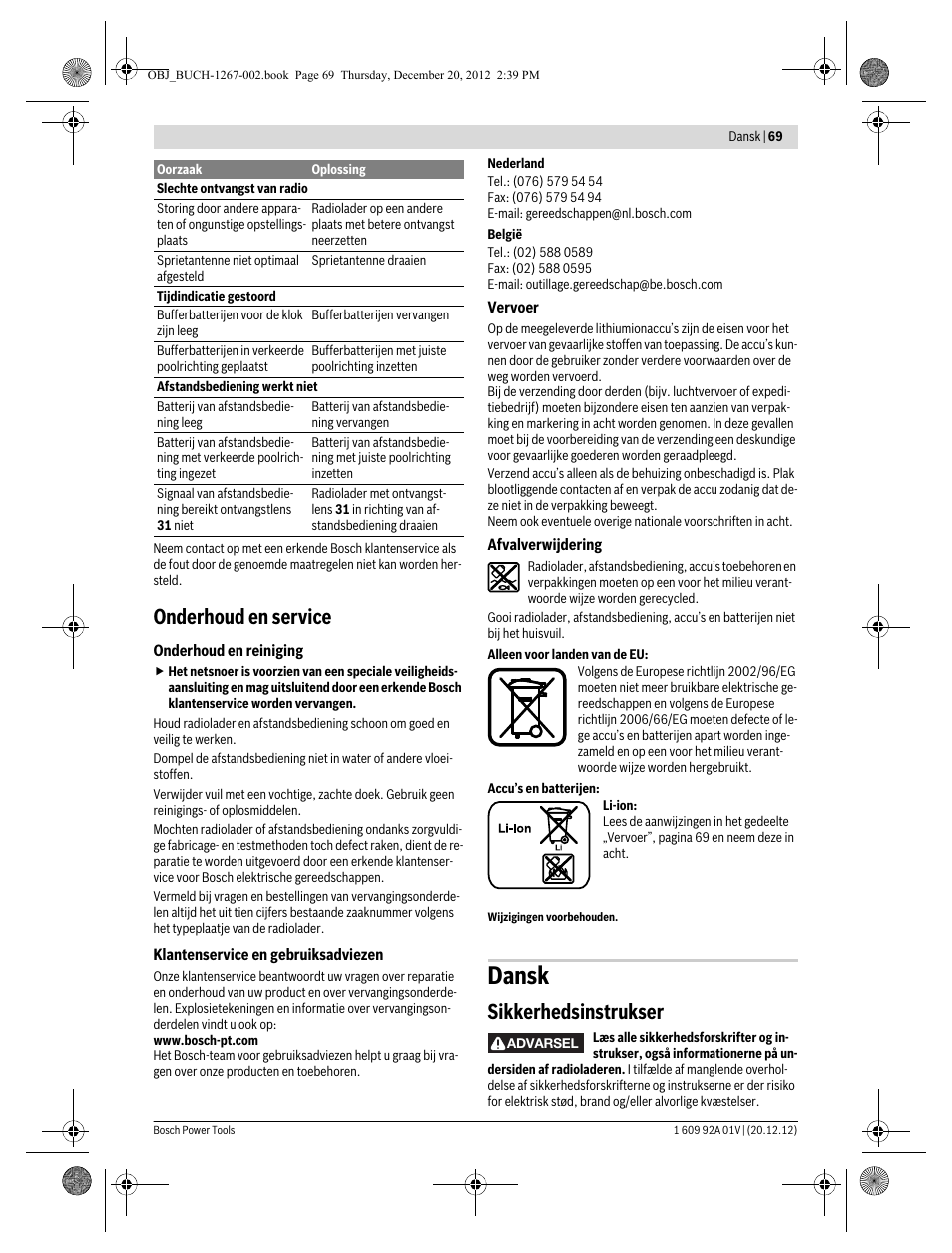 Dansk, Onderhoud en service, Sikkerhedsinstrukser | Bosch GML 50 Professional User Manual | Page 69 / 262