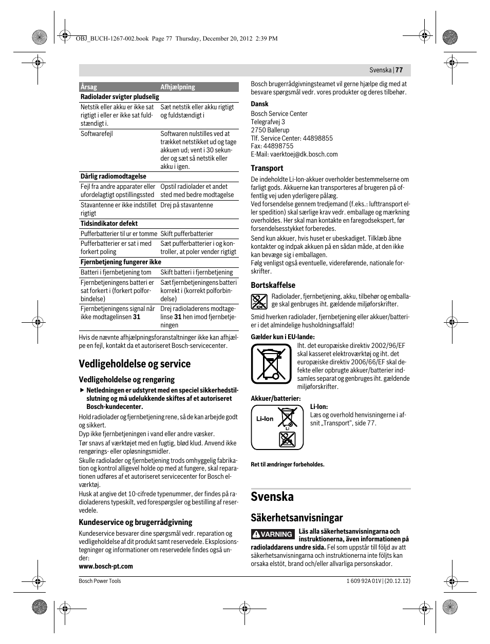 Svenska, Vedligeholdelse og service, Säkerhetsanvisningar | Bosch GML 50 Professional User Manual | Page 77 / 262