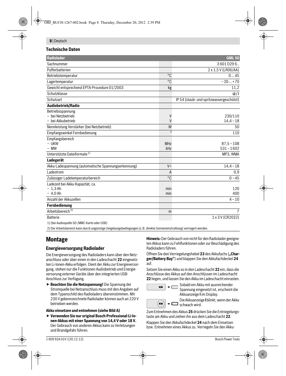 Montage | Bosch GML 50 Professional User Manual | Page 8 / 262