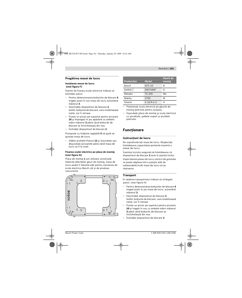 Funcţionare | Bosch GTA 60 W Professional User Manual | Page 101 / 135