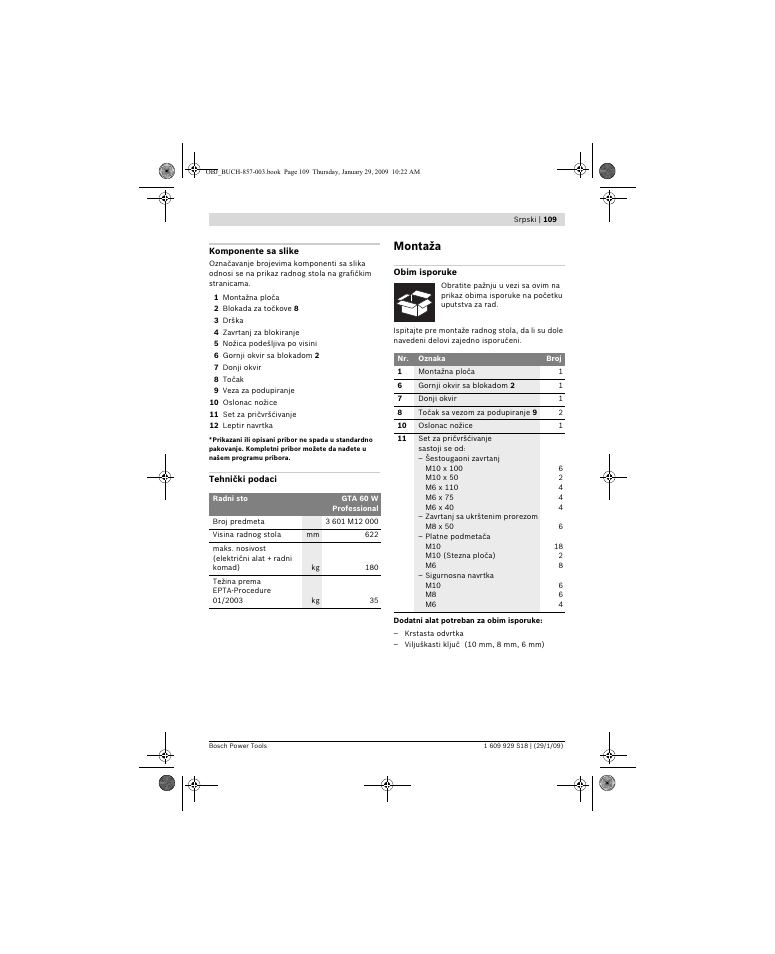 Montaža | Bosch GTA 60 W Professional User Manual | Page 109 / 135