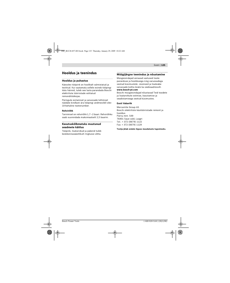 Hooldus ja teenindus | Bosch GTA 60 W Professional User Manual | Page 125 / 135