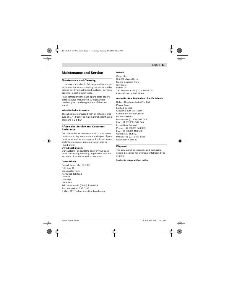 Maintenance and service | Bosch GTA 60 W Professional User Manual | Page 17 / 135