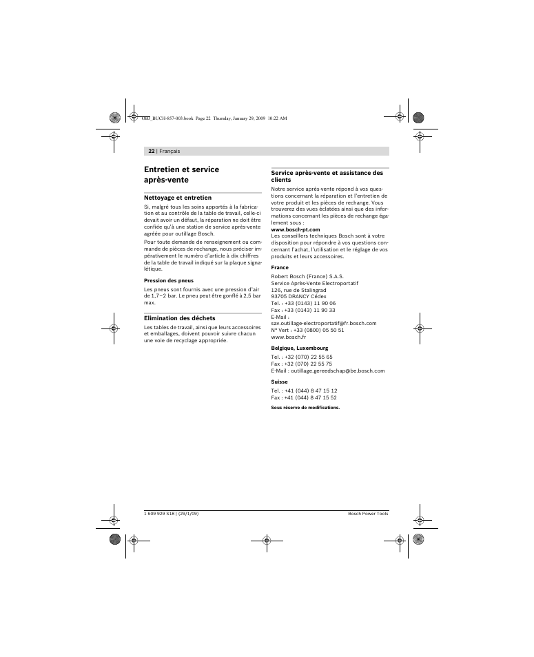 Entretien et service après-vente | Bosch GTA 60 W Professional User Manual | Page 22 / 135