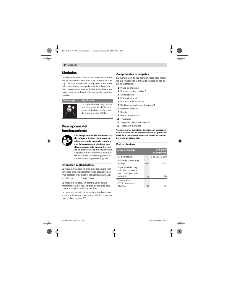 Símbolos, Descripción del funcionamiento | Bosch GTA 60 W Professional User Manual | Page 24 / 135