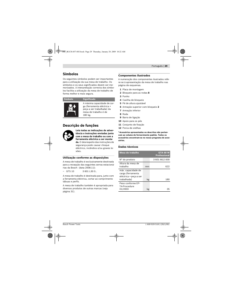 Símbolos, Descrição de funções | Bosch GTA 60 W Professional User Manual | Page 29 / 135