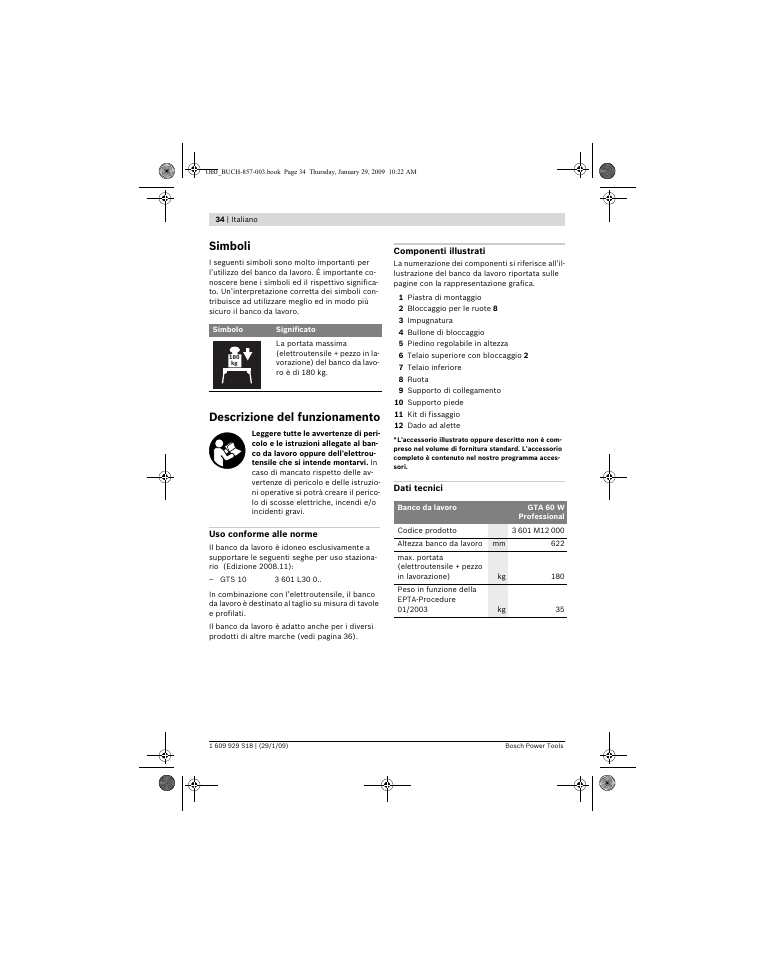 Simboli, Descrizione del funzionamento | Bosch GTA 60 W Professional User Manual | Page 34 / 135