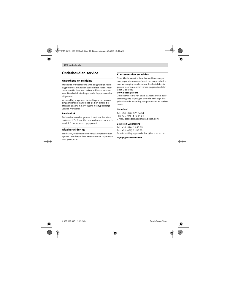 Onderhoud en service | Bosch GTA 60 W Professional User Manual | Page 42 / 135