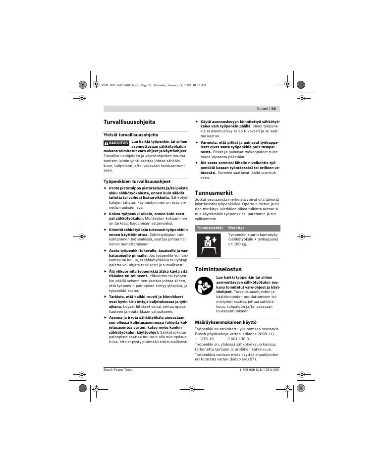 Turvallisuusohjeita, Tunnusmerkit, Toimintaselostus | Bosch GTA 60 W Professional User Manual | Page 55 / 135