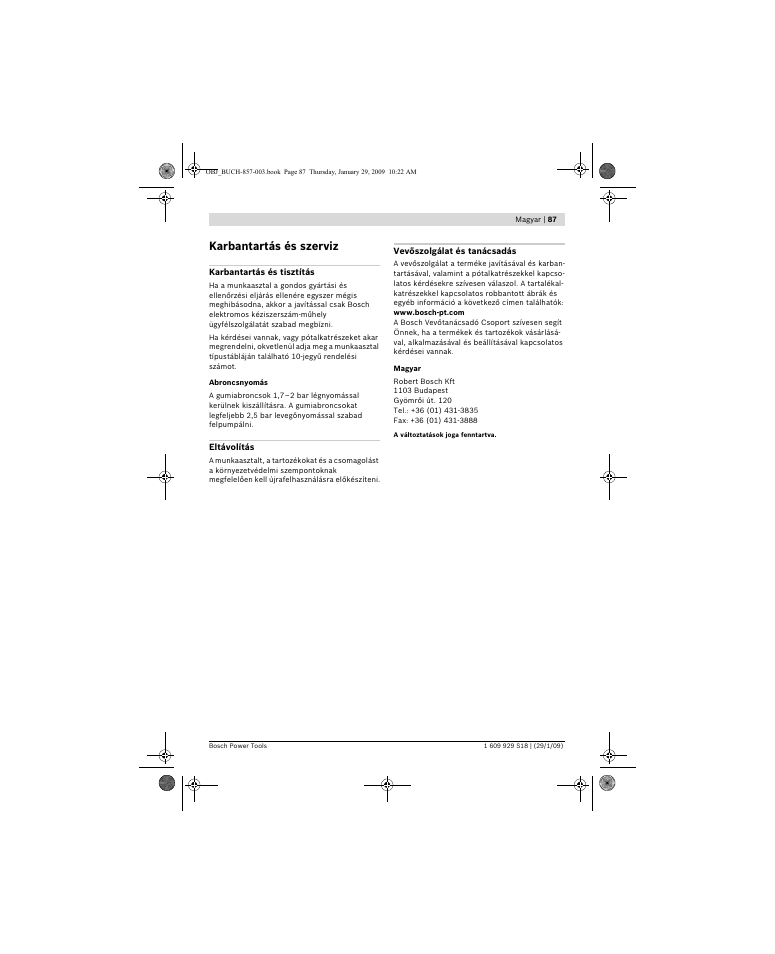 Karbantartás és szerviz | Bosch GTA 60 W Professional User Manual | Page 87 / 135