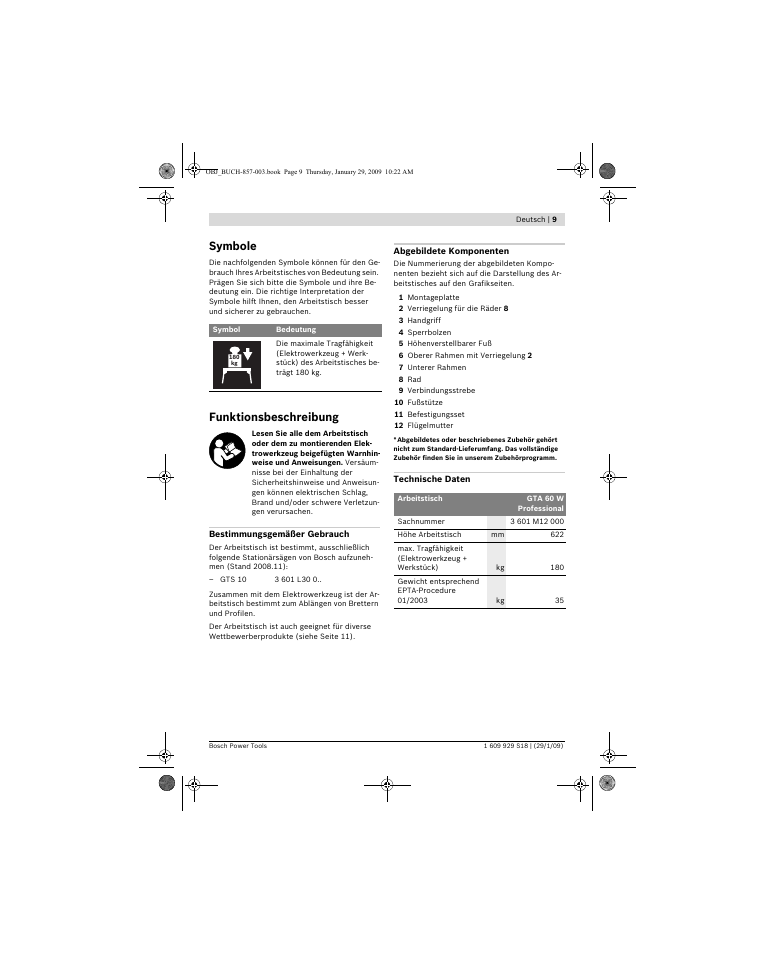 Symbole, Funktionsbeschreibung | Bosch GTA 60 W Professional User Manual | Page 9 / 135