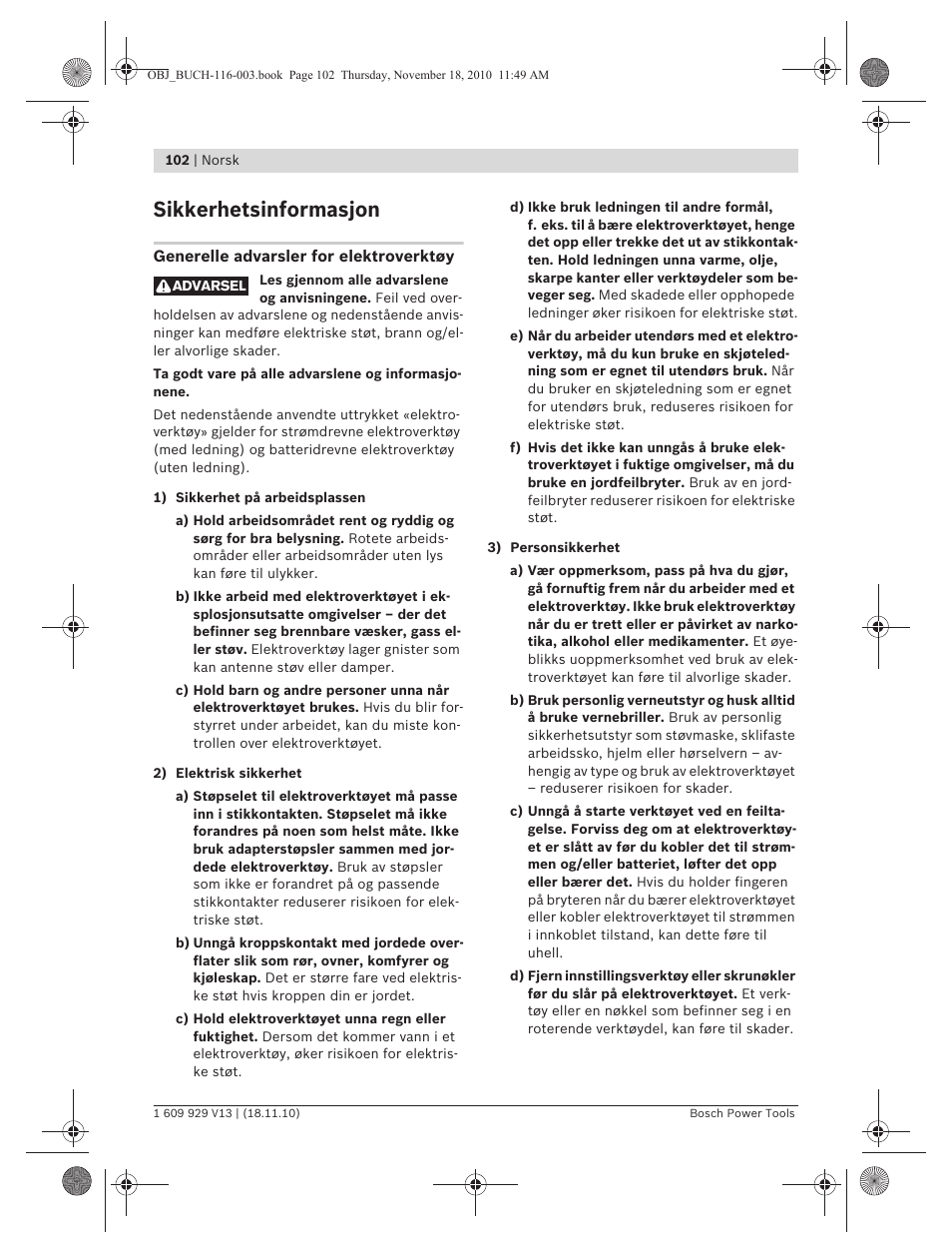 Sikkerhetsinformasjon | Bosch GDB 1600 WE Professional User Manual | Page 102 / 314