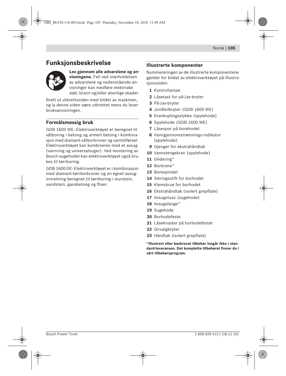 Funksjonsbeskrivelse | Bosch GDB 1600 WE Professional User Manual | Page 105 / 314