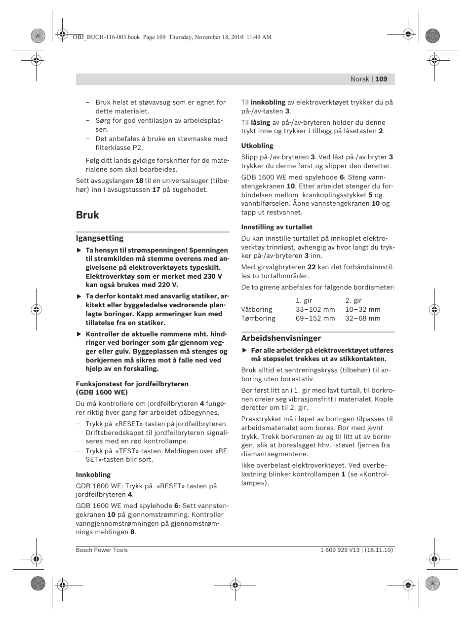 Bruk | Bosch GDB 1600 WE Professional User Manual | Page 109 / 314