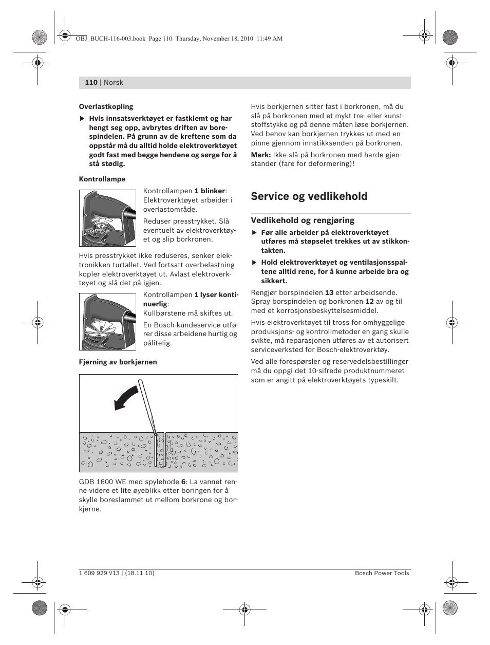 Service og vedlikehold | Bosch GDB 1600 WE Professional User Manual | Page 110 / 314