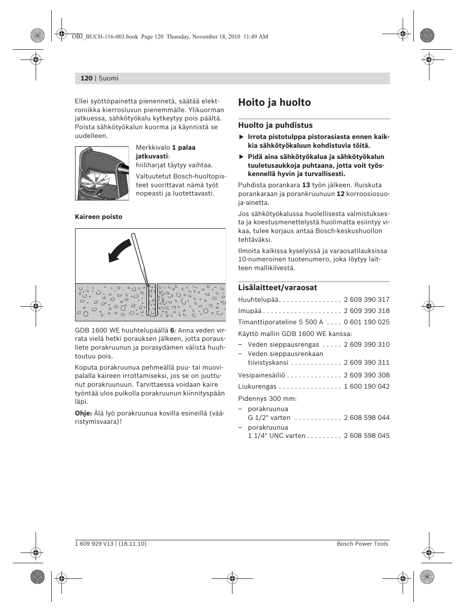 Hoito ja huolto | Bosch GDB 1600 WE Professional User Manual | Page 120 / 314